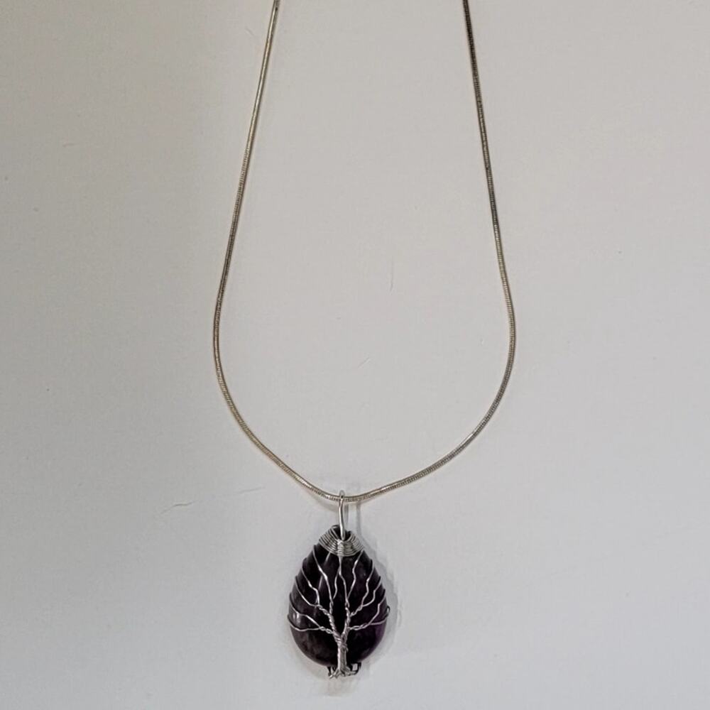 Tree of Life Amethyst Pendant Necklace with Wire Wrapped Purple Gemstone Jewelry